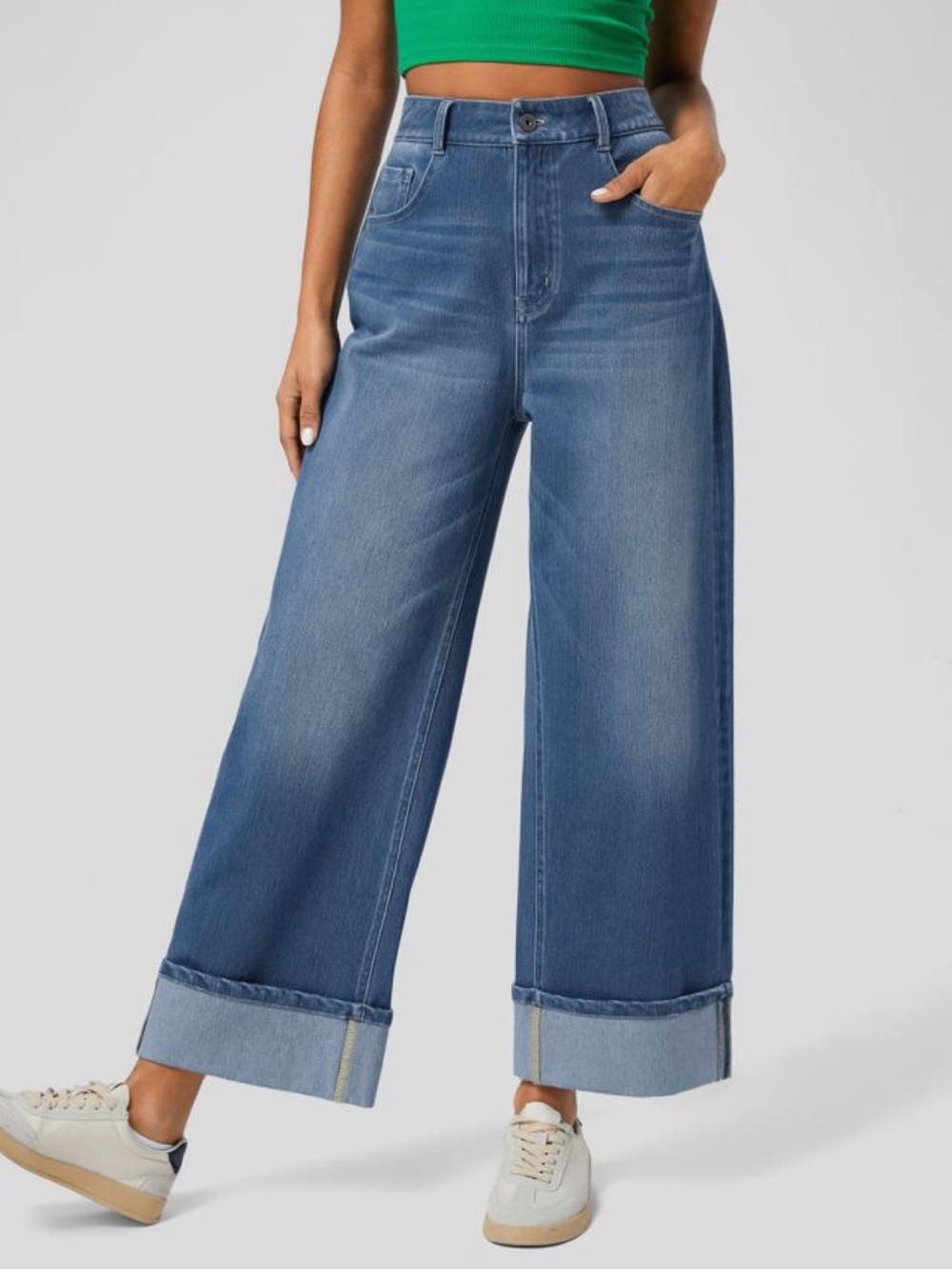 HALARA Wide Leg Cuffed Stretch Ankle Length Jeans in Medium Blue